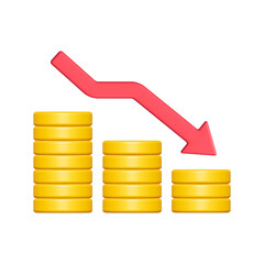 Wall Mural - 3d gold coin stack with red down arrow isolated on white background. Business and finance concept. Cartoon minimal style. Money coins icon render illustration.