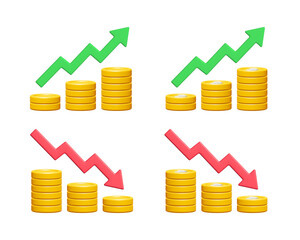 3d gold coin stack with green up and red down arrow isolated on white background. Business finance concept. Cartoon minimal style. Money coins icon render illustration.