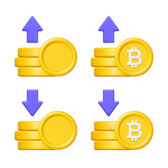 Wall Mural - 3d thai baht coin stack with up and down arrow isolated on white background. Business finance concept. Cartoon minimal style. Money coins icon render illustration.