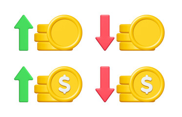Wall Mural - 3d gold coin stack with green up and red down arrow isolated on white background. business finance c