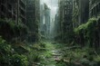 This photo captures the bustling energy of a city filled with numerous towering skyscrapers, A post-apocalyptic cityscape overgrown with flora and devoid of people, AI Generated