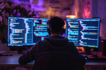 A man is seated in front of two computer monitors, actively engaged in work at an office desk, A programmer debugging code on multiple screens, AI Generated