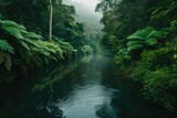 Fototapeta Las - A calm river winds its way through a dense forest filled with vibrant green foliage, A quiet river meandering through a thick rainforest, AI Generated
