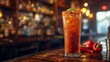 A detailed view of a cold michelada drink sitting on a bar counter in a dimly lit room