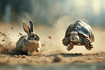 Two rabbits energetically pursue a turtle in a lively chase across the dusty terrain, A race between tortoise and hare denoting different investment strategies, AI Generated