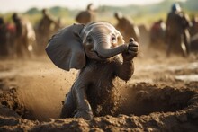 A Baby Elephant Playing In The Mud, Its Trunk Reaching Up To The Sky In Joy