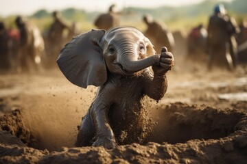 A baby elephant playing in the mud, its trunk reaching up to the sky in joy