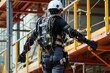 A man wearing safety gear ascends a set of stairs in a focused manner, Mechanical exoskeletons used in heavy lifting at construction sites, AI Generated