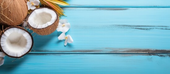 Wall Mural - Coconuts and flowers sit on a vibrant blue wooden table next to a window overlooking a swimming pool. The circular shapes contrast with the linear grain of the wood, creating an artistic display