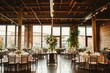 A photo of a spacious room filled with numerous tables and chairs arranged in an orderly manner, Modern urban loft with panoramic windows for a chic city wedding, AI Generated