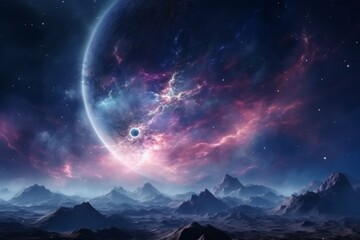 Wall Mural - a view of a distant planet with a bright, colorful nebula in the background