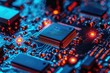 A detailed view of a circuit board featuring vivid red and blue lights illuminating the intricate electronic components, Nanoscale components of a future tech device, AI Generated