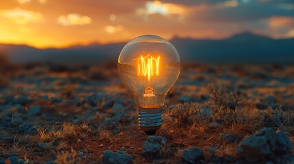 Aufkleber - Against nature, a light bulb is seen against a desert mountain background. The concept is related to the environment and energy.