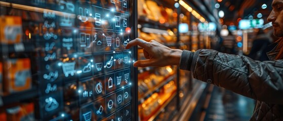 Leinwandbilder - A businessman uses a virtual screen to connect to a customer network by using a modern interface for payments as well as online shopping. Business innovation technology concept.