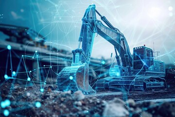 a blue and white bulldozer actively performing construction work on a construction site, predictive 