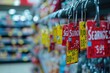 A straight row of red and yellow signs hanging from hooks on a gray wall, Price tags on everyday items increasing in size showing the inflow of inflation, AI Generated