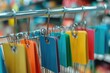 A row of vibrant binders hang neatly from a sturdy metal rack, creating an organized display, Price tags on everyday items increasing in size showing the inflow of inflation, AI Generated