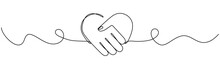 Handshake In Heart Shape Continuous Wave Line Drawing. Shaking Hands With Love Concept. Business Deal Linear Symbol. Vector Illustration Isolated On White Background.