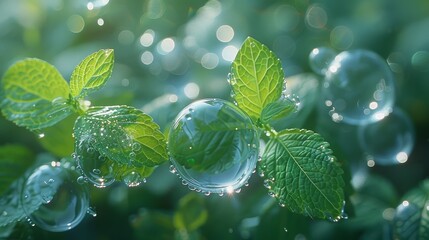 Poster - Fresh and mint bubbles in a light effect, designed for a detergent, with flying mint leaves as an element. Strong shield or force field - design element for detergent.