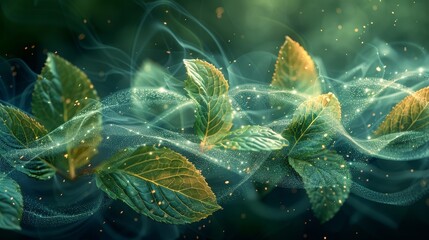 Aufkleber - Fresh air flow modern elements. Abstract light effect blowing from an air conditioner, purifier or humidifier. Dynamic blurred wave motion with mint leaves. Concept of freshness.