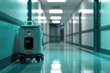 A piece of luggage is placed on the floor in a hallway, awaiting its owners retrieval, Robot delivering medication in a hospital corridor, AI Generated