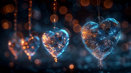 Poster - This is an abstract hanging blue hearts and cupid with arrow. Happy Valentine's day card designed with a low poly style. A geometric abstract background. A wireframe light structure. Modern 3D