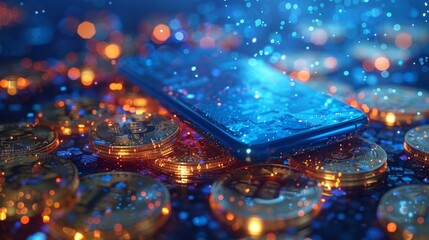 Poster - A blue abstract mobile phone with flying coins. Cashback concept. Geometric wallpaper. Wireframe light connection structure. Modern 3D graphic. Isolated modern illustration.