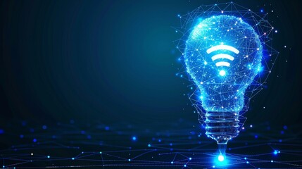 Aufkleber - Modern 3D graphic of an abstract blue glowing light bulb and a wi-fi symbol. Smart home concept. Geometric background. Wireframe light connection structure. Modern 3D graphic. Modern illustration.
