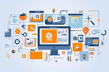 A computer screen displaying an array of icons representing different applications and functions, Showcase of digital marketing automation tools in an innovative way, AI Generated