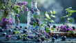 A serene setup of infused water with blueberries and lavender flowers, conveying a sense of purity and calm