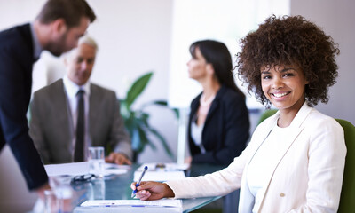 Wall Mural - Boardroom, portrait and woman with smile, writing and notebook for intern in workplace of company. Corporate, female person and girl with happiness for job in business, employee and staff in office