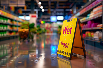 Yellow sign Wet floor. Wet floor in a supermarket. Cleaning company signs