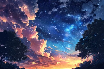 Canvas Print - Anime style Night sky with stars and trees