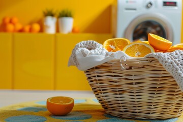 Wall Mural - Basket with clothes in laundry room with washing machine on backgroundMany orange slices on color background