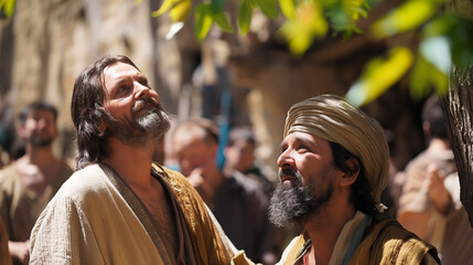 Wall Mural - Jesus and Zacchaeus, showing Jesus looking up to Zacchaeus in the sycamore tree, ready to share a meal, emphasizing acceptance and transformation, set in the bustling streets of Je