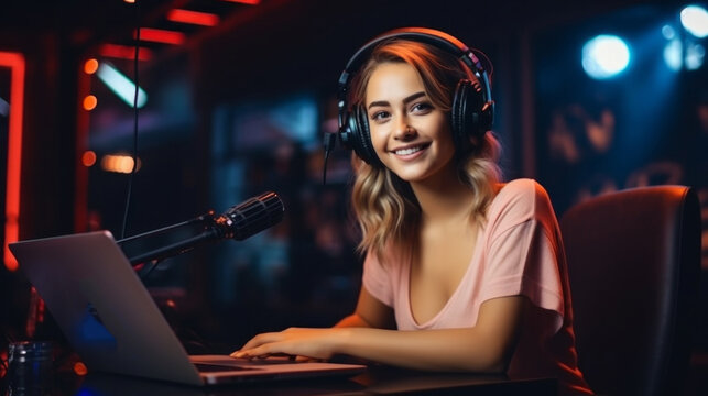 A happy smiling Young Streamer, Gamer, Blogger girl, teenager looks into the camera, conducts a live Online Broadcast, communicates with subscribers on the Internet.
