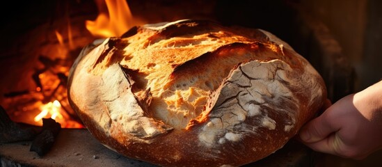 Wall Mural - A person is showcasing a loaf of bread in front of a flickering fire, highlighting the golden crust and rustic texture of the baked goods in a stunning display of macro photography art