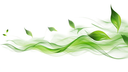 green leaves flying wave swirling motion abstract background, on white background.