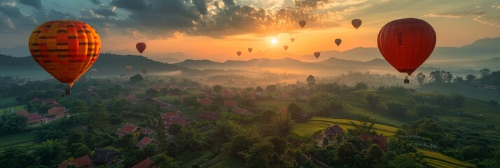 In the tranquil morning mist, colorful balloons rise over the scenic landscape, painting the sky.