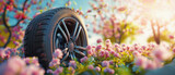 Fototapeta Sport - summer tires in the blooming spring in the sun - time for summer tires