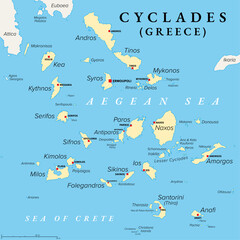 Sticker - Cyclades, group of Greek islands in the Aegean Sea, political map. Southeast of mainland Greece. Cyclades means encircling and it refers to the circle, the islands form around the sacred island Delos.