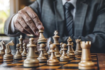 Businessman hands holding chess strategy on challenge with teamwork leadership idea planning or intelligence victory competition.