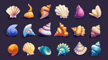 Poster - Game icons with seashell and snail conch. Set of cute marine underwater seashells for UI design. Collection of horned, spiral, and scallop clams in nautical colors.