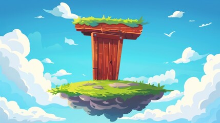 Wall Mural - Floating island with wooden door in sky. Modern illustration of piece of land flying in heavenly cloudscape, portal to fantasy world, retro doorway on green lawn, adventure game level platform.