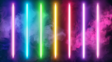 Wall Mural - Intuitive modern illustration of neon tubes isolated on transparent background. Blue, yellow, green, red bar lamps glowing in smoke. Party decoration element.