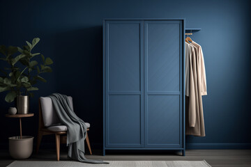 Wall Mural - Minimalistic bedroom corner with blue wardrobe, modern chair, and hanging clothes in a cozy setting