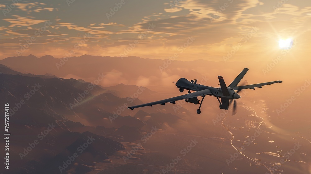 Unmanned Military Drone in the Sky through clouds. Combat Air Vehicle ...