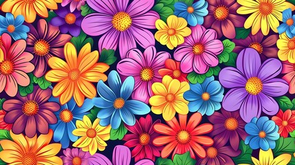 Colorful flower pattern seamless cartoon style, botanical, environment, go green, spring AI image Generative