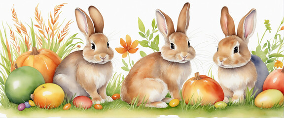 Wall Mural - Set of a Watercolor Cute Rabbit in Autumn Clipart  isolated on transparent background