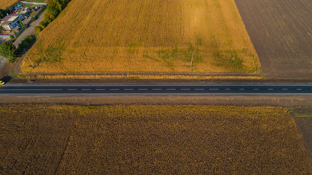 Drone aerial view new asphalt road between a field of sunflowers and corn in summer on a sunny day